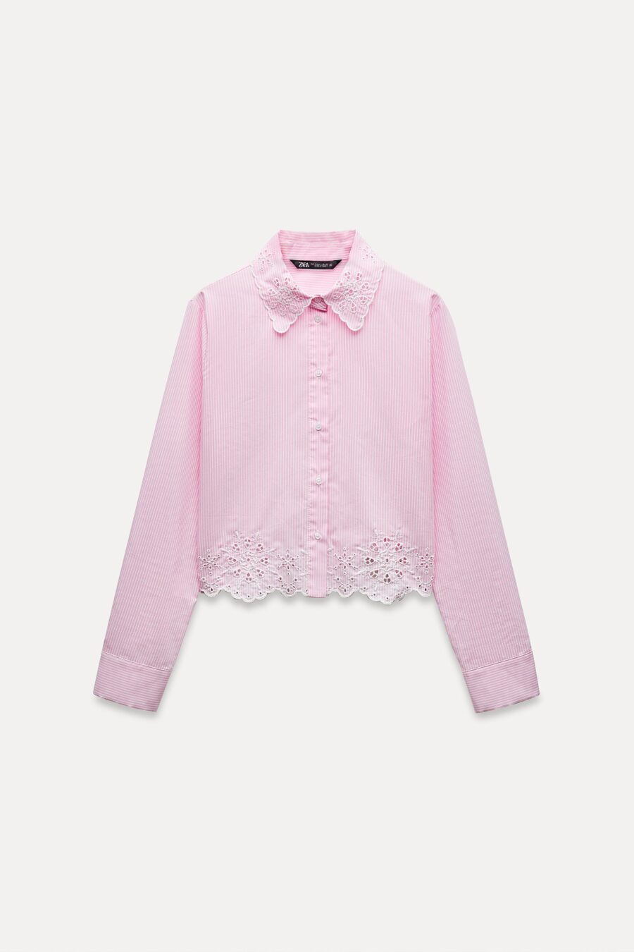 EMBROIDERED EYELET STRIPED CROPPED SHIRT